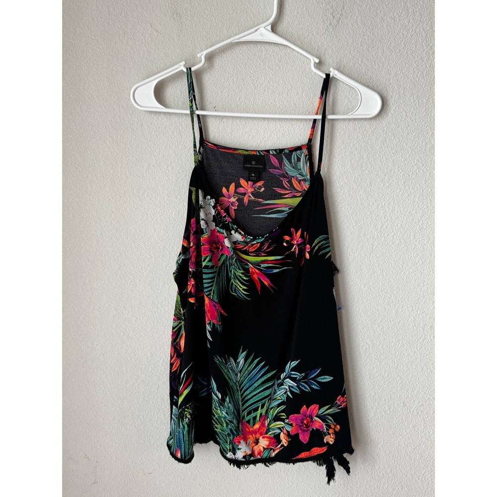 Worthington Womens XL Tropical Floral Cowl Neck Cami Fringe Hem Black Pink Top